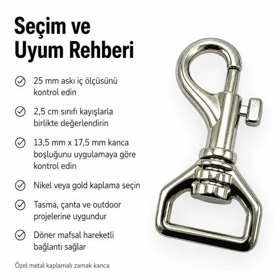 2,5 cm özel kaplamalı premium gemici tasma kancası, dayanıklı metal alaşım ve ergonomik döner yapısı ile kayış ve iplerde