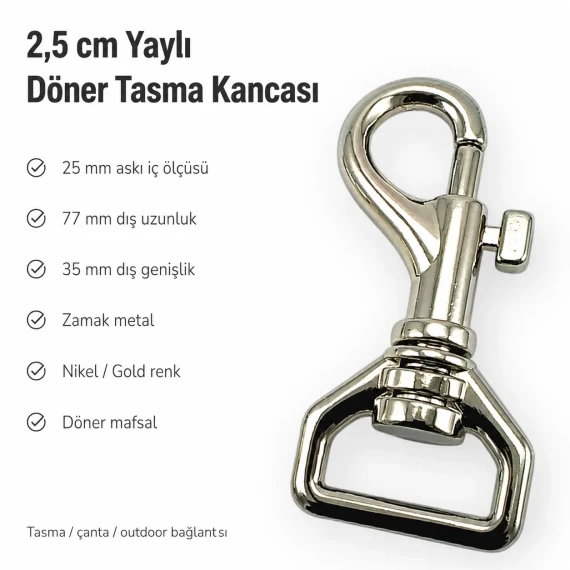 2,5 cm Tasma Kancası Gemici Kanca Yaylı Döner Kanca Özel Metal Kaplama GZ0025TS
