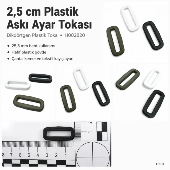 Askı Ayar Tokası 2,5 cm Siyah Plastik Dikdörtgen Toka - Çanta, kemer ve aksesuar projeleri için ideal çözüm
