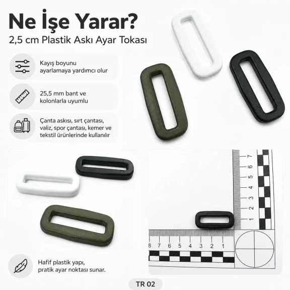 Askı Ayar Tokası 2,5 cm Siyah Plastik Dikdörtgen Toka - Çanta, kemer ve aksesuar projeleri için ideal çözüm