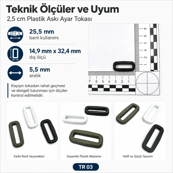 Askı Ayar Tokası 2,5 cm Siyah Plastik Dikdörtgen Toka - Çanta, kemer ve aksesuar projeleri için ideal çözüm