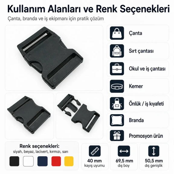 4 cm / 1.57 in Snap Bandolier Buckle - Durable Plastic Buckle for Bags and Accessories
