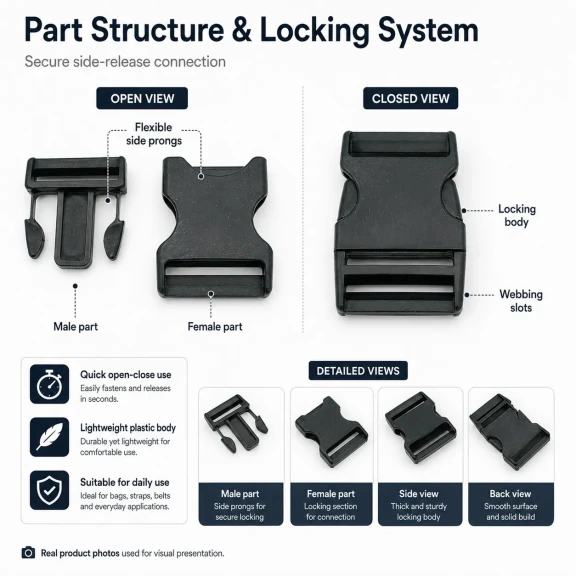 4 cm / 1.57 in Snap Bandolier Buckle - Durable Plastic Buckle for Bags and Accessories