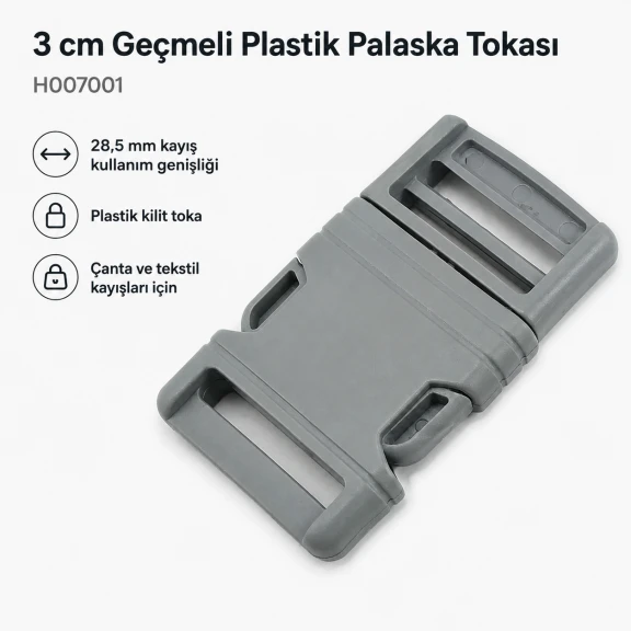 Geçmeli Palaska Tokası 3 cm Geçmeli Plastik Toka H007001, dayanıklı plastik malzeme, çanta ve kemer kullanımı için ideal