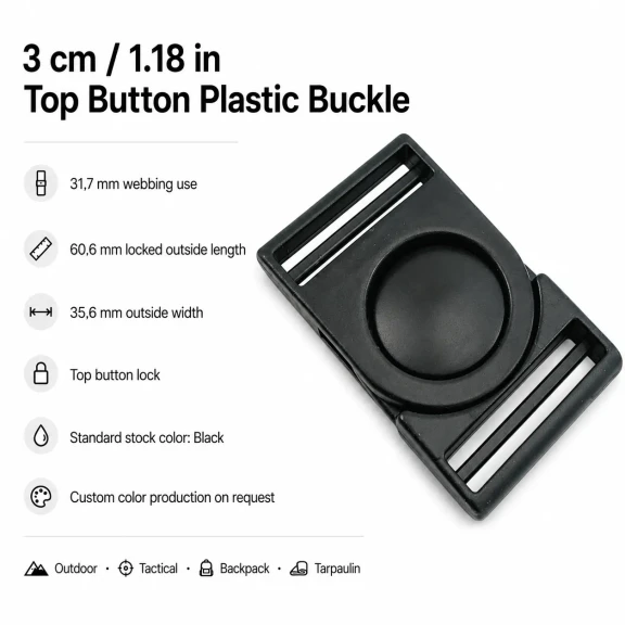 Plastik Palaska Tokası 3 cm Üstten Düğmeli Güvenlik Sistemi - Taktik Kemerlere ve Sırt Çantalarına Uygun Plastik Toka