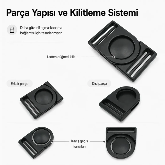 Plastik Palaska Tokası 3 cm Üstten Düğmeli Güvenlik Sistemi - Taktik Kemerlere ve Sırt Çantalarına Uygun Plastik Toka