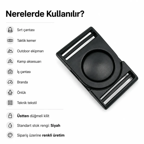 Plastik Palaska Tokası 3 cm Üstten Düğmeli Güvenlik Sistemi - Taktik Kemerlere ve Sırt Çantalarına Uygun Plastik Toka