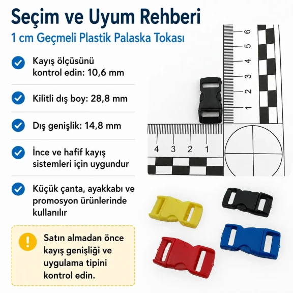 1 cm Geçmeli Plastik Palaska Tokası, 28,8 mm dış boy, 14,8 mm genişlik, çanta ve kemer kullanımına uygun dayanıklı plastik