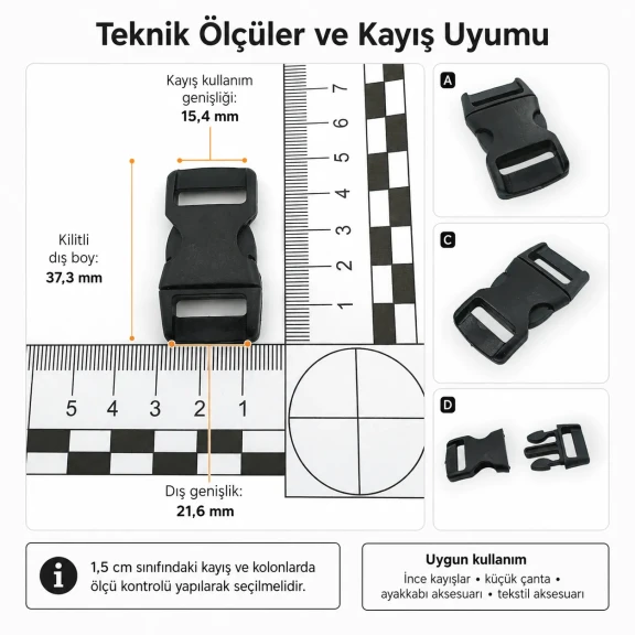 Geçmeli Plastik Toka 1,5 cm Geçmeli Palaska Tokası H009071, plastik malzeme, çanta ve kemer kullanımı için ideal