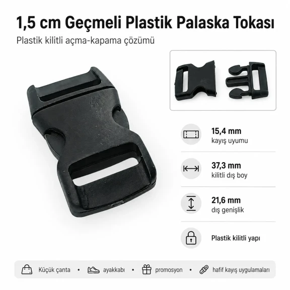 Geçmeli Plastik Toka 1,5 cm Geçmeli Palaska Tokası H009071, plastik malzeme, çanta ve kemer kullanımı için ideal