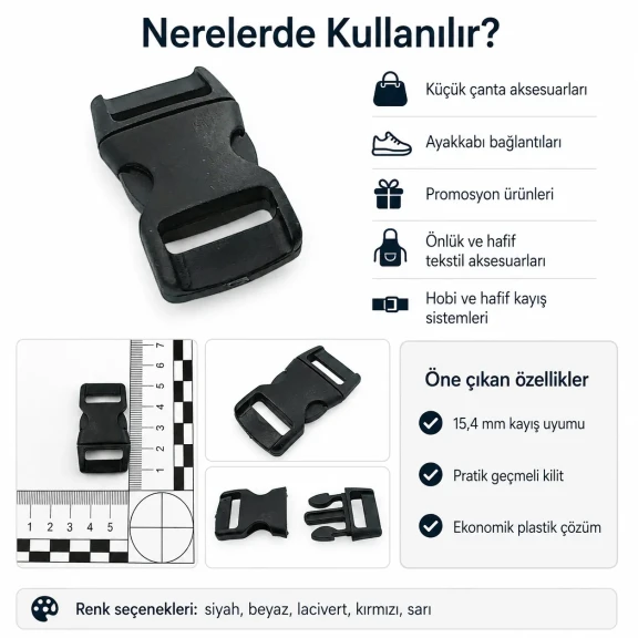 Geçmeli Plastik Toka 1,5 cm Geçmeli Palaska Tokası H009071, plastik malzeme, çanta ve kemer kullanımı için ideal