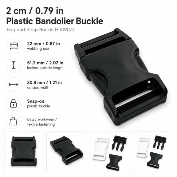 Plastic Bandolier Buckle 2 cm / 0.79 in Snap-On Plastic Buckle for Bags and Webbing H009074