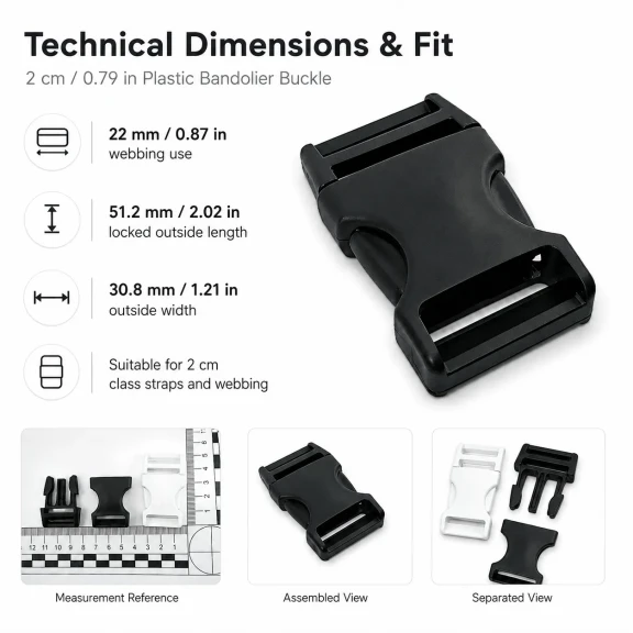 Plastic Bandolier Buckle 2 cm / 0.79 in Snap-On Plastic Buckle for Bags and Webbing H009074