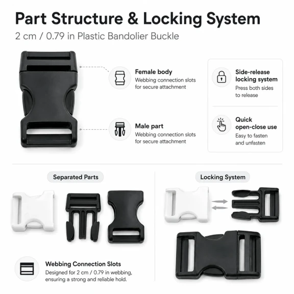 Plastic Bandolier Buckle 2 cm / 0.79 in Snap-On Plastic Buckle for Bags and Webbing H009074