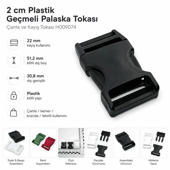 Plastic Bandolier Buckle 2 cm / 0.79 in Snap-On Plastic Buckle for Bags and Webbing H009074