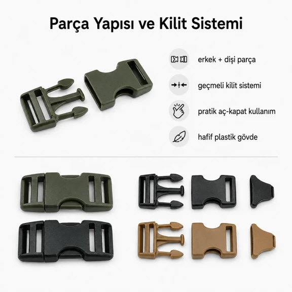 2 cm geçmeli plastik palaşka tokası, hafif çanta ve teknik ekipmanlar için güvenilir bağlantı çözümü