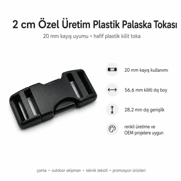 2 cm geçmeli plastik palaşka tokası, hafif çanta ve teknik ekipmanlar için güvenilir bağlantı çözümü