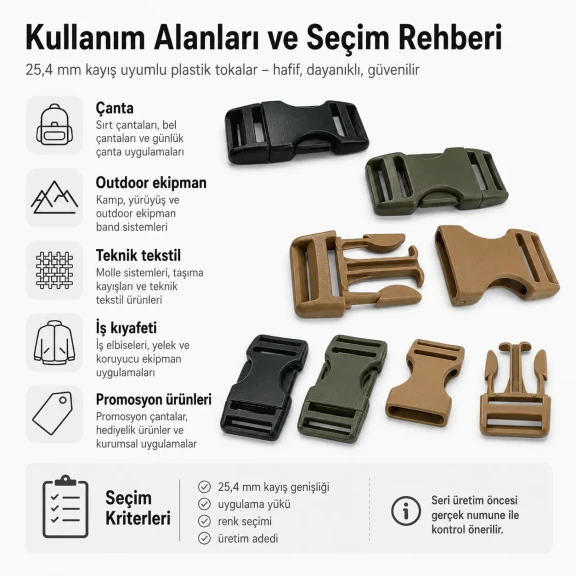 2,5 cm geçmeli plastik palaşka tokası, çanta ve outdoor ekipmanları için güvenli kilit çözümü