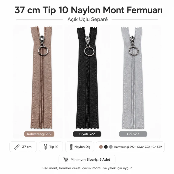 37 cm / 14.57 in N5 / #5 Nylon Coil Jacket Zipper – Open End ZPHSN0037T10 for jackets and outdoor gear