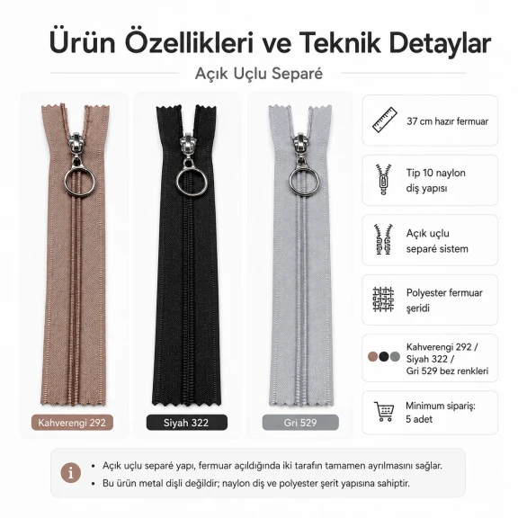 37 cm / 14.57 in N5 / #5 Nylon Coil Jacket Zipper – Open End ZPHSN0037T10 for jackets and outdoor gear