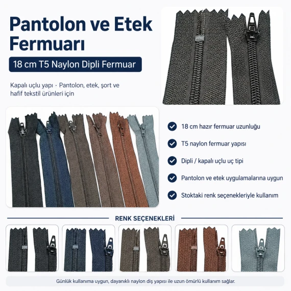 Pantolon ve Etek Fermuarı Naylon 18 cm T5 Dipli ZPHSN0018T5