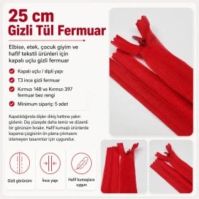 25 cm / 9.84 in N3 / #3 Invisible Tulle Zipper, Closed End ZPHSN0025TUL