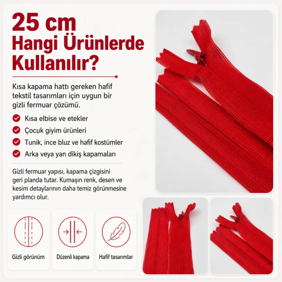 25 cm kapalı uçlu gizli tül fermuar elbise ve etekler için zarif görünüm