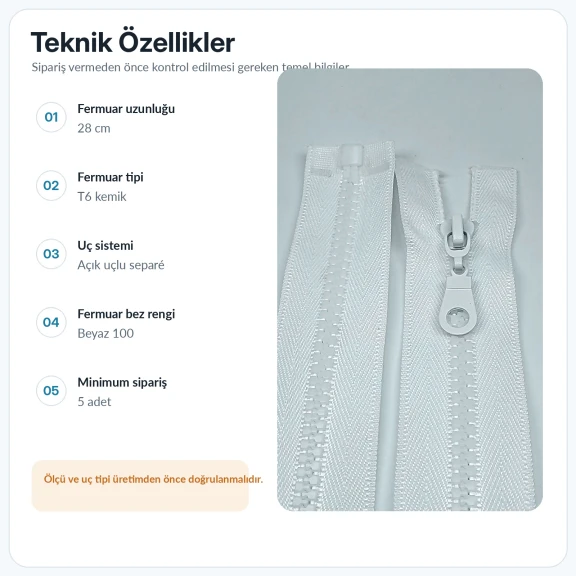 28 cm T6 kemik sweat fermuarı, açık uçlu separé model, sweatshirt ve hafif dış giyim ürünleri için ideal
