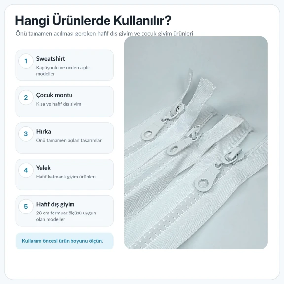 28 cm T6 kemik sweat fermuarı, açık uçlu separé model, sweatshirt ve hafif dış giyim ürünleri için ideal