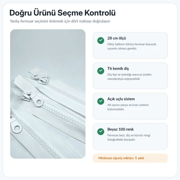 28 cm T6 kemik sweat fermuarı, açık uçlu separé model, sweatshirt ve hafif dış giyim ürünleri için ideal