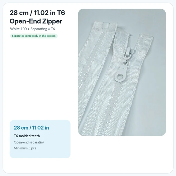 28 cm T6 kemik sweat fermuarı, açık uçlu separé model, sweatshirt ve hafif dış giyim ürünleri için ideal