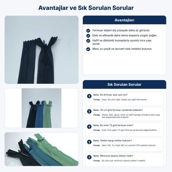 35 cm uzunluğunda kapalı uçlu gizli tül fermuar, elbise ve etekler için ideal, polyester malzeme ile zarif görünüm sunar.