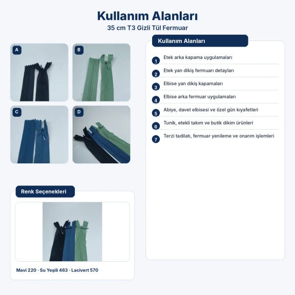35 cm uzunluğunda kapalı uçlu gizli tül fermuar, elbise ve etekler için ideal, polyester malzeme ile zarif görünüm sunar.