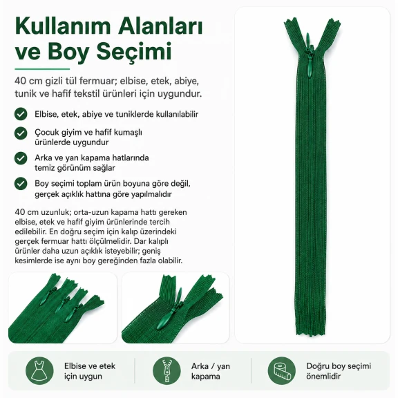 40 cm kapalı uçlu gizli tül fermuar elbise ve etek için zarif kapanış