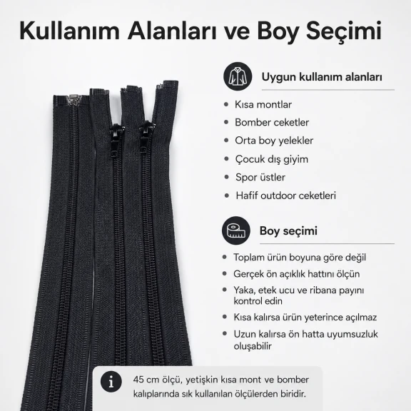 45 cm Tip 10 Naylon Mont Fermuarı Açık Uçlu Separé, mont ve ceketlerde kullanım için ideal