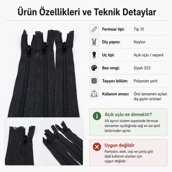 45 cm Tip 10 Naylon Mont Fermuarı Açık Uçlu Separé, mont ve ceketlerde kullanım için ideal