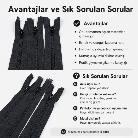 45 cm Tip 10 Naylon Mont Fermuarı Açık Uçlu Separé, mont ve ceketlerde kullanım için ideal