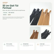 50 cm Gizli Tül Fermuar Elbise ve Etek İçin Dipli ZPHSN0050TUL