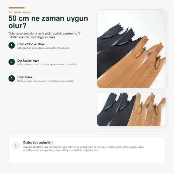 50 cm gizli tül fermuar elbise ve etek için, polyester malzeme, kapalı uçlu, estetik ve görünmez kapanış