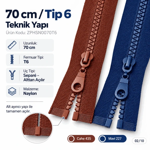 70 cm T6 Kemik Dişli Sweat Fermuarı Açık Uçlu