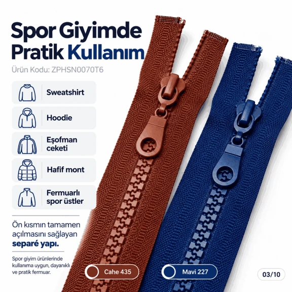 70 cm T6 Kemik Dişli Sweat Fermuarı Açık Uçlu