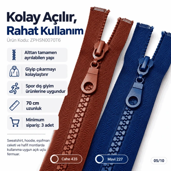 70 cm T6 Kemik Dişli Sweat Fermuarı Açık Uçlu