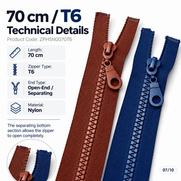 70 cm T6 Kemik Dişli Sweat Fermuarı Açık Uçlu