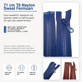 71 cm / 27.95 in #6 Nylon Coil Sweatshirt Zipper – Open End ZPHSN0071T6