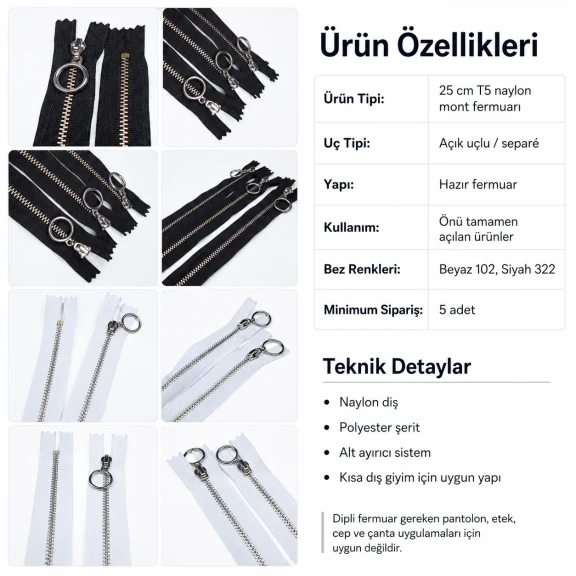 25 cm T5 Naylon Mont Fermuarı Açık Uçlu Separé ZPHSN0025T5, dayanıklı polyester şerit ile hafif ve esnek naylon dişlere