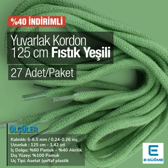 Yuvarlak Kordon 125 cm Pamuk Fıstık Yeşili 27 Adet Promosyonlu Satış PROMOYKRD00PFGreen