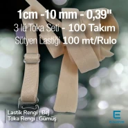 Sütyen Lastiği ve Sütyen Tokaları 3 Lü Set - Bej 1 cm Lastik 100 mt/Rulo SUT0010Biege