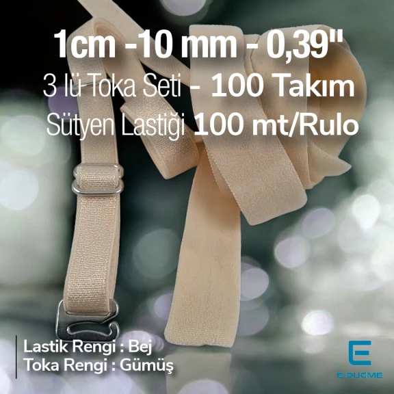 Sütyen Lastiği ve Sütyen Tokaları 3 Lü Set - Bej 1 cm Lastik 100 mt/Rulo SUT0010Biege
