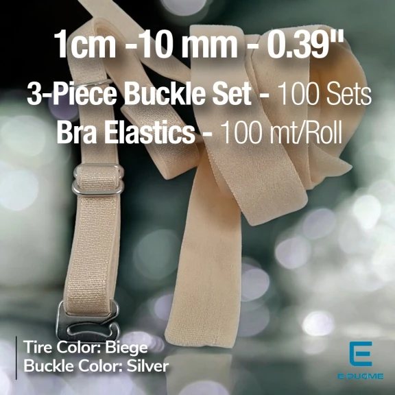 Sütyen Lastiği ve Sütyen Tokaları 3 Lü Set - Bej 1 cm Lastik 100 mt/Rulo SUT0010Biege