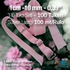 Sütyen Lastiği ve Sütyen Tokaları 3 Lü Set - Pembe 1 cm Lastik 100 mt/Rulo SUT0010Pink